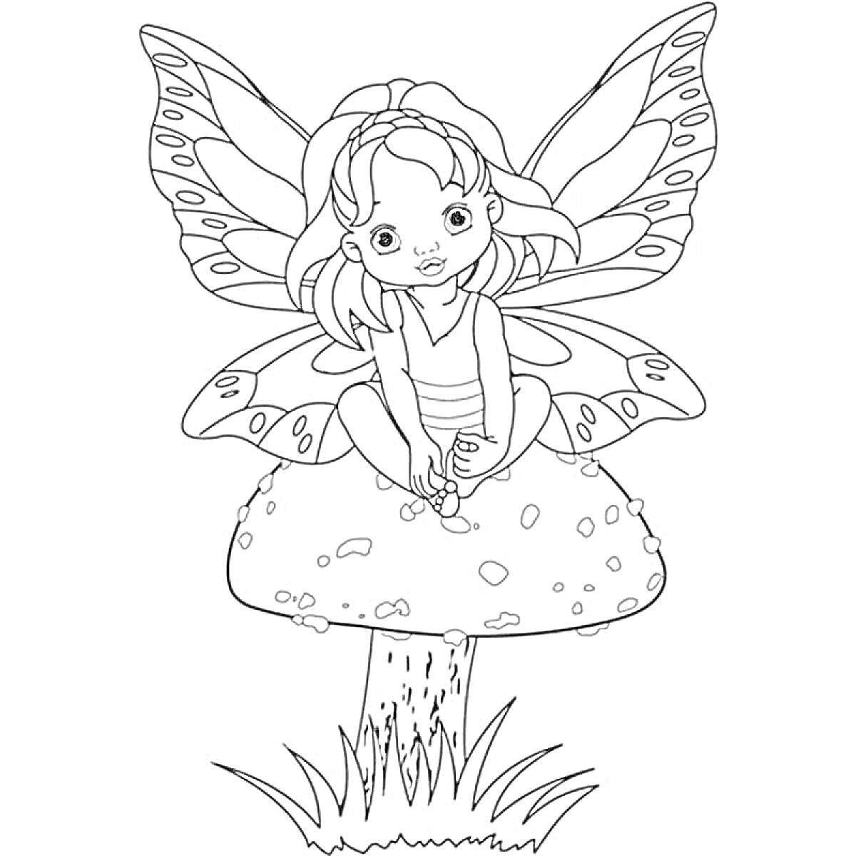 На раскраске изображено: Фея, Крылья, Девочка, Трава, Природа, Грибы