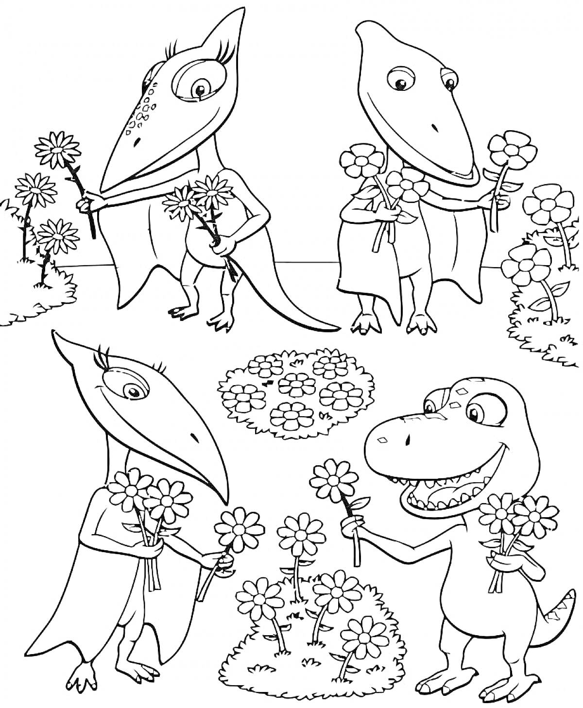 На раскраске изображено: Цветы, Поляна, Поезд Динозавров, Из мультфильмов, Для детей, Динозавр