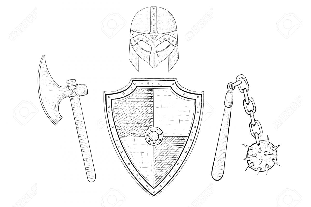 На раскраске изображено: Щит, Богатырь, Булава, Оружие, Средневековье, Защита, Воин