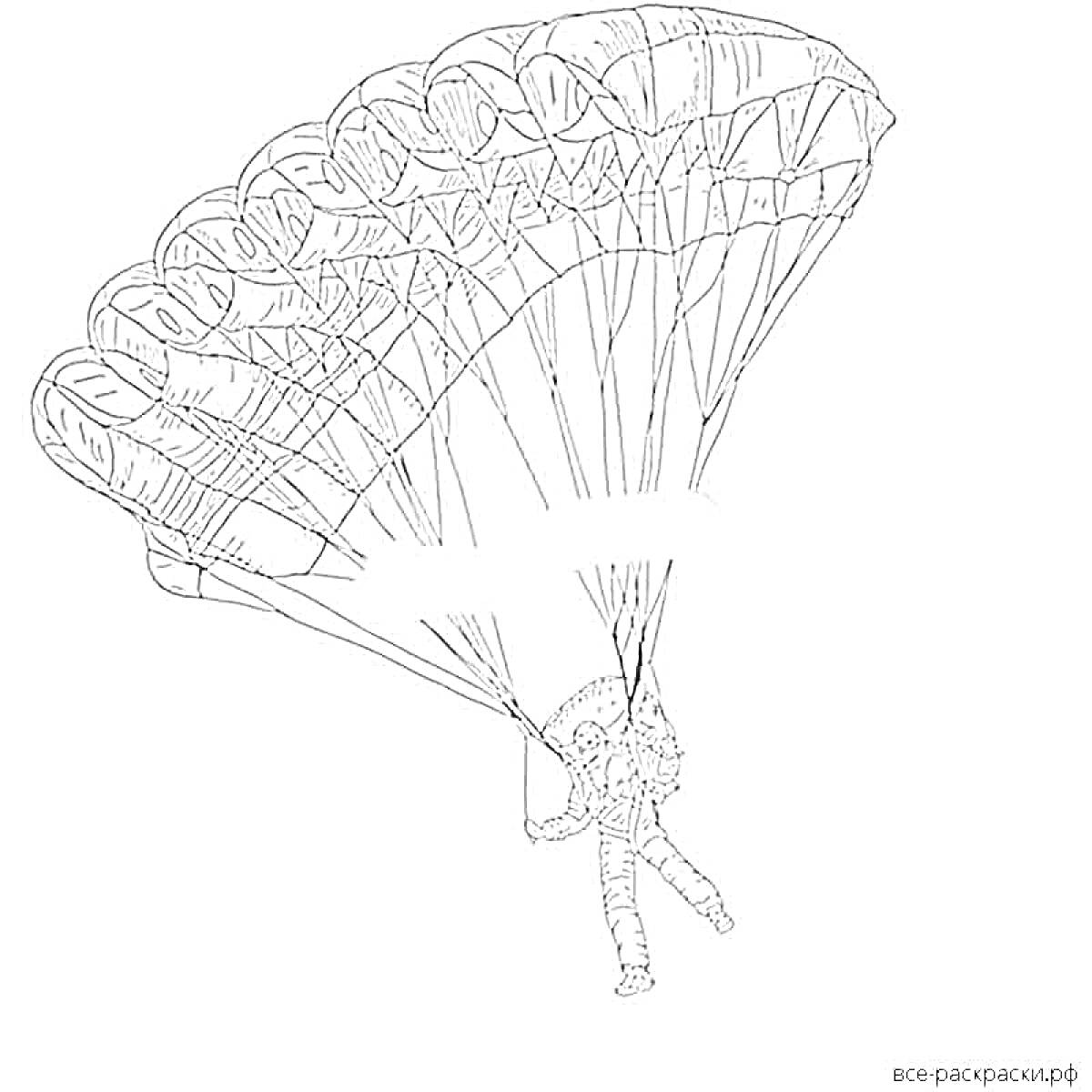 На раскраске изображено: Парашютист, Парашют, Небо, Экстремальный спорт, Человек