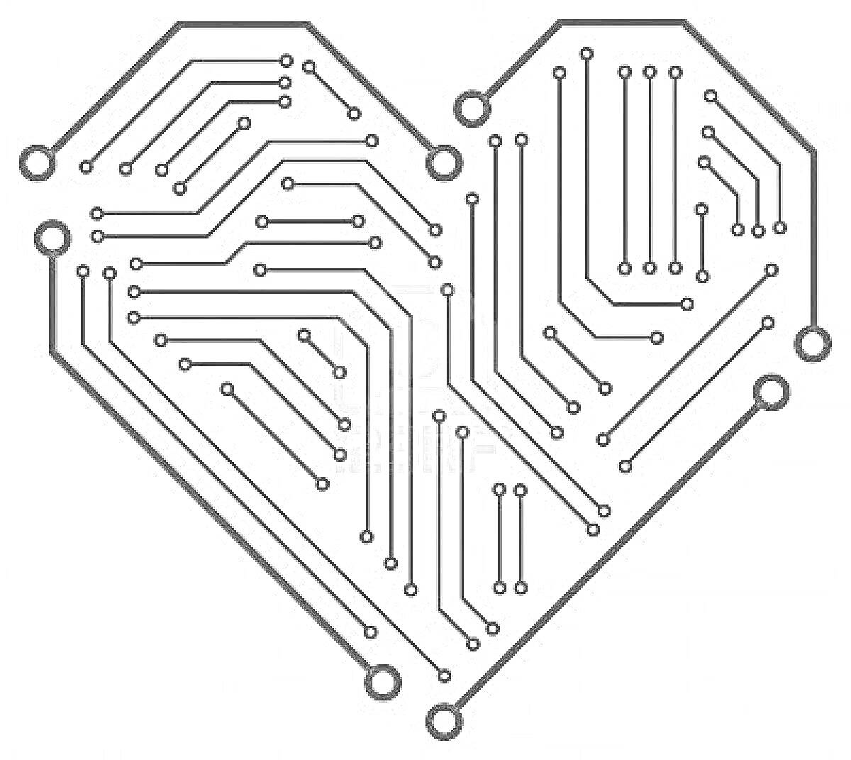 Раскраска Печатная плата в форме сердца с дорожками и соединениями