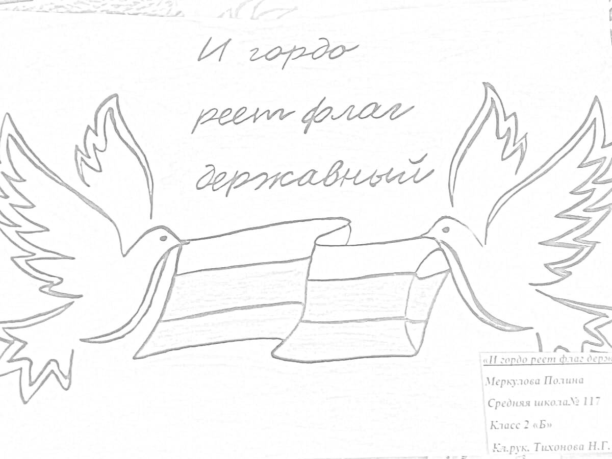 На раскраске изображено: Голуби, Флаг, Родина, Патриотизм, Надпись, Гордость, Государственный флаг