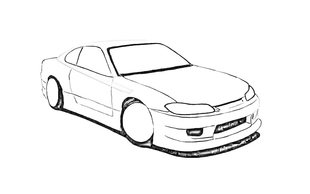 Чёрно-белая раскраска автомобиля Nissan Silvia S15 с открытыми окнами и видимыми деталями корпуса