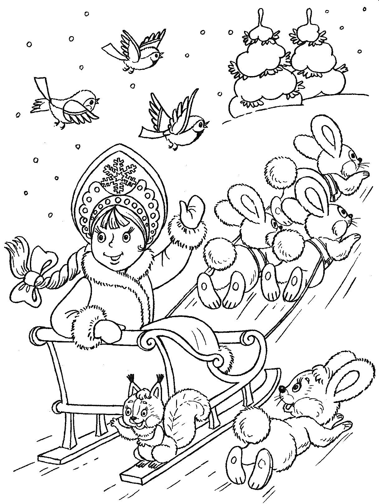 Раскраска Девочка в зимней одежде и кокошнике едет на санках с белками, запряжёнными зайцами, на фоне зимнего леса