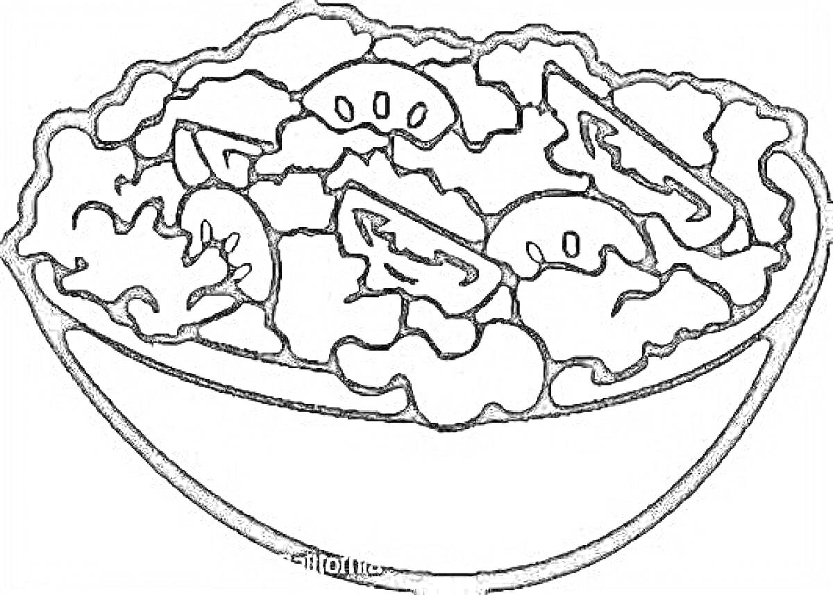 Раскраска Салат в тарелке с листьями салата и кусочками помидоров