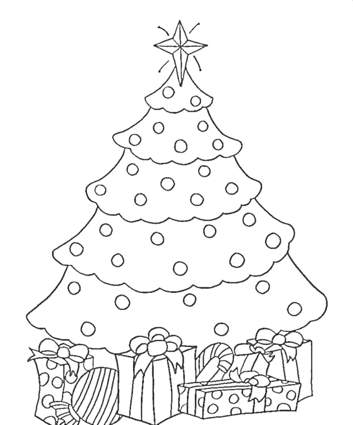 На раскраске изображено: Новогодняя ёлка, Игрушки, Подарки, Новый год, Рождество, Праздничное украшение, Звезды, Елки