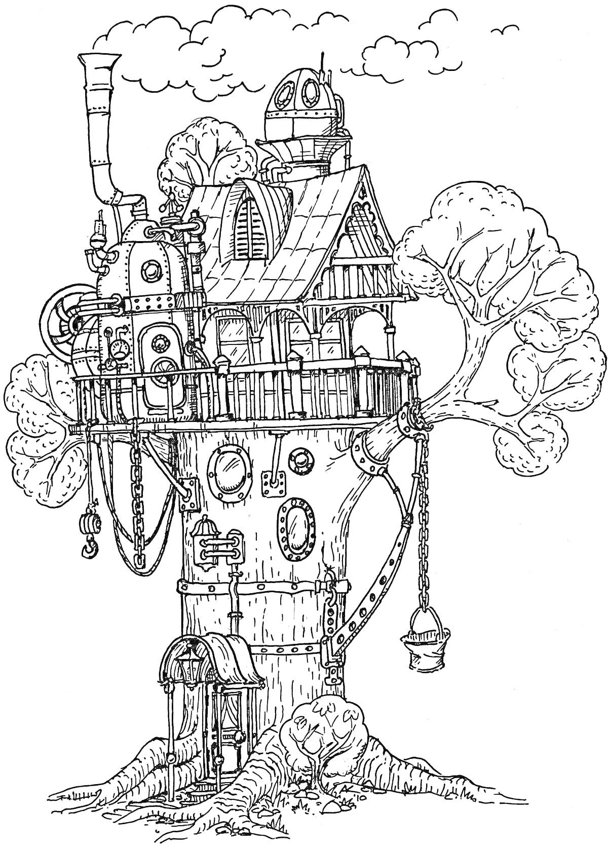 На раскраске изображено: Дом на дереве, Дымоход, Лестница, Крюк, Крыша, Облака, Окна