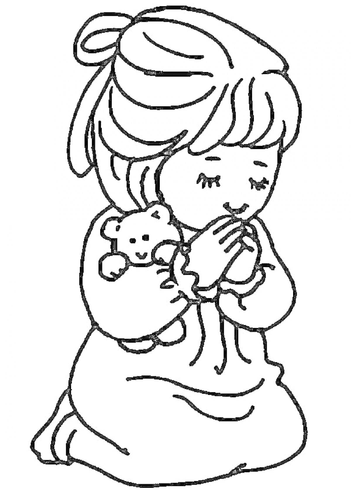 На раскраске изображено: Ребёнок, Молитва, Колени, Девочка, Игрушки, Медведь