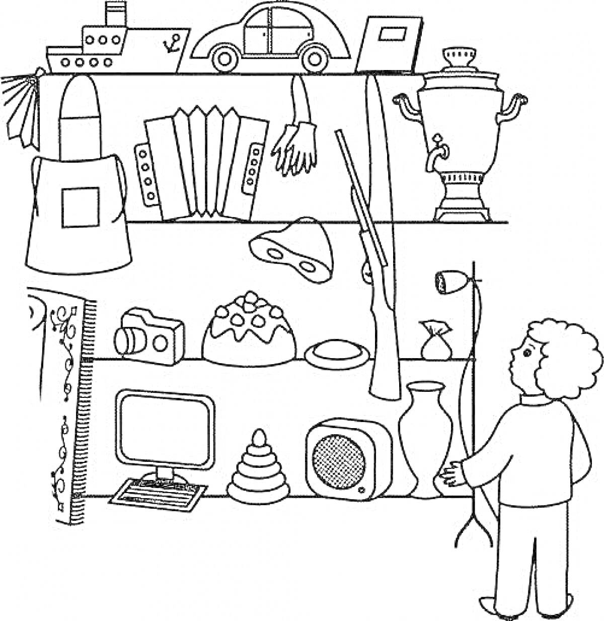 Раскраска Полка с игрушками, книгами, посудой и техникой