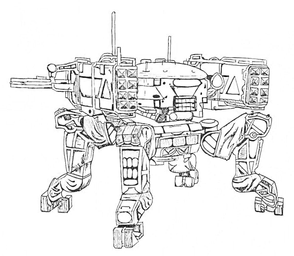 Раскраска Робот танк с четырьмя ногами и оружием