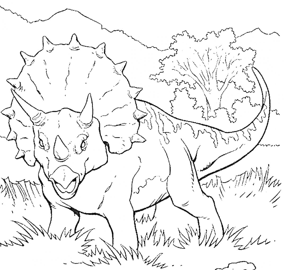 Раскраска Динозавр на лужайке с деревом и горами на заднем фоне