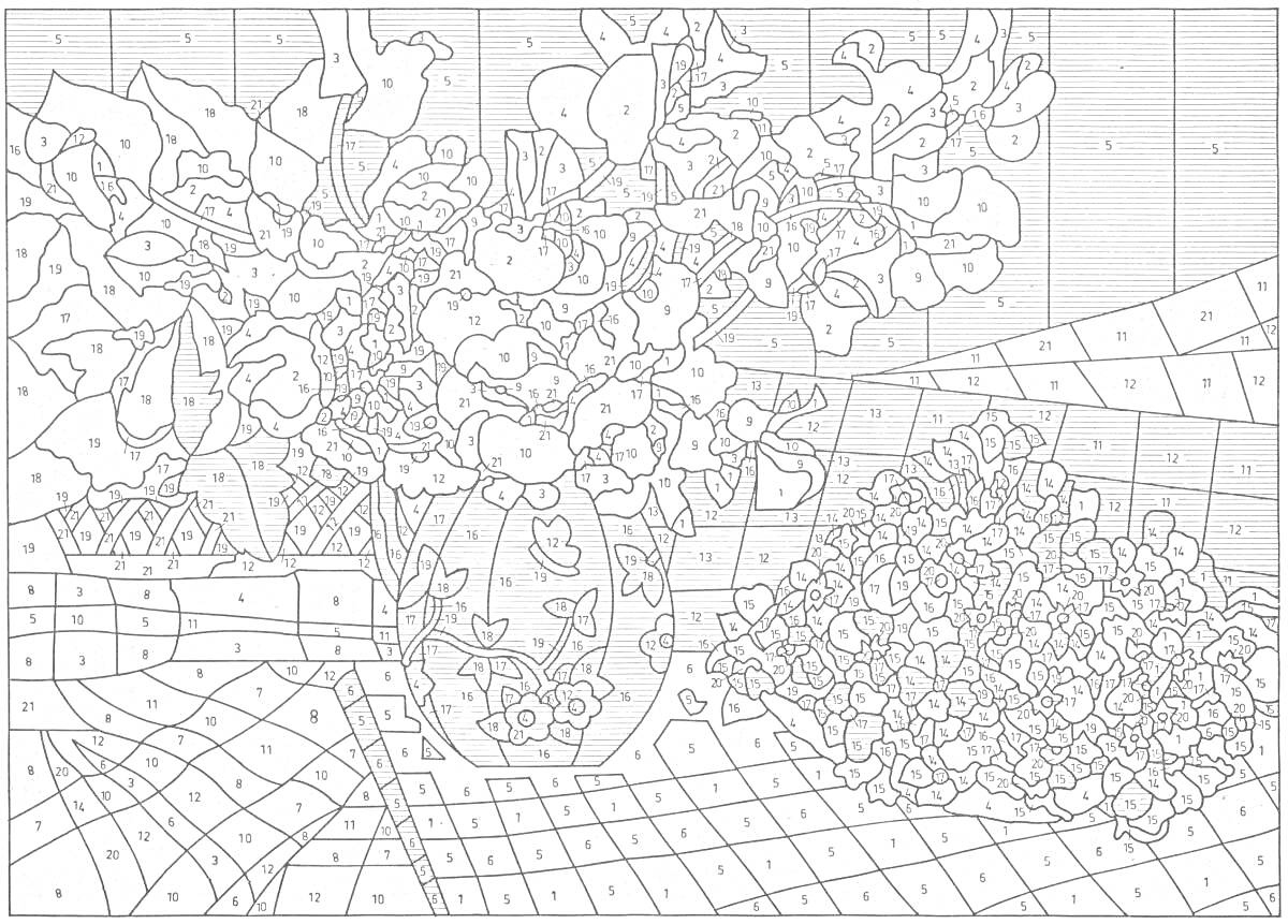 На раскраске изображено: Натюрморт, Цветы, Ваза, Плед