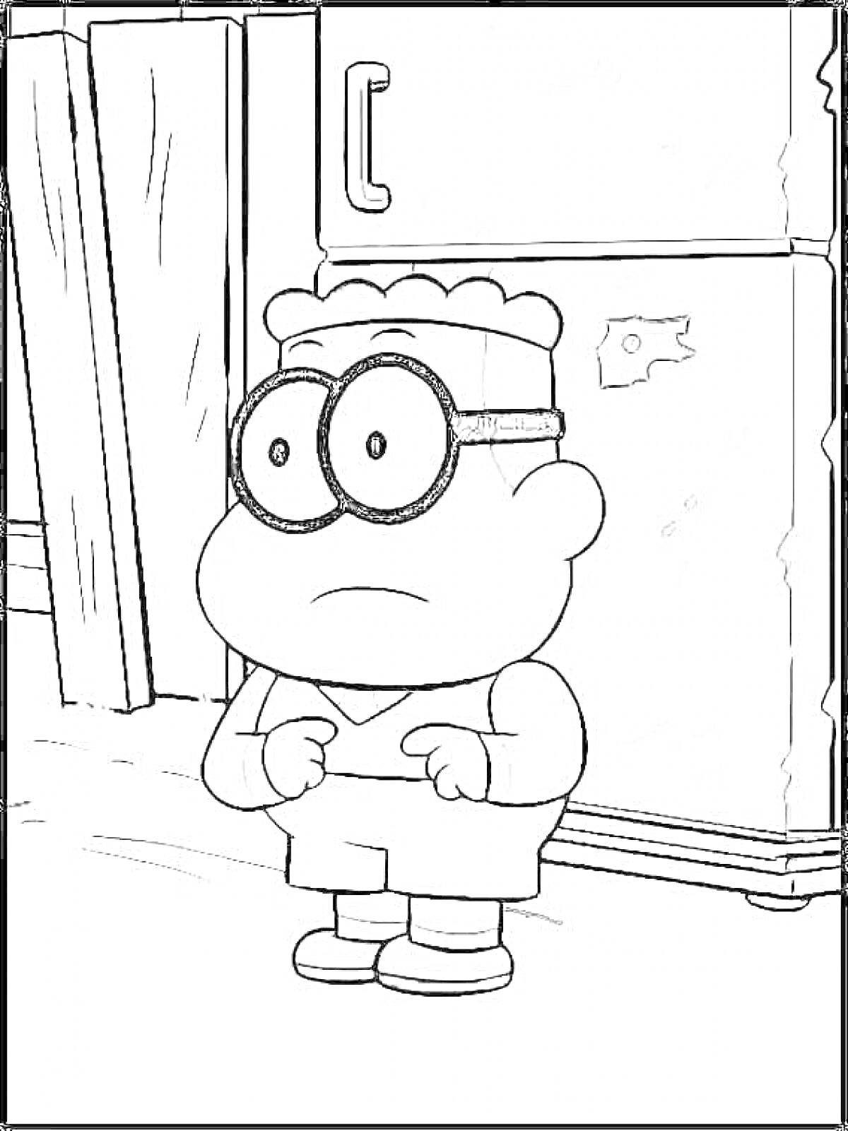 Раскраска Мальчик с большими очками перед холодильником