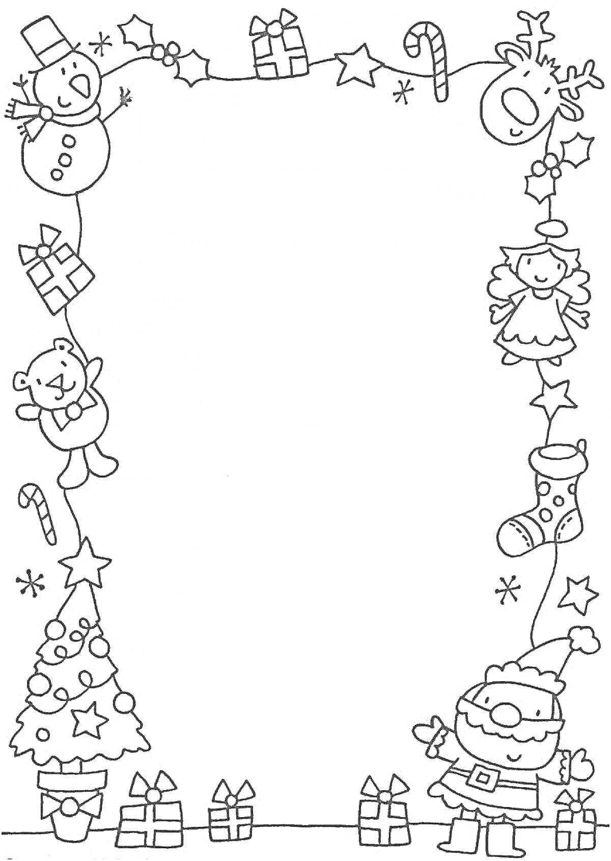 На раскраске изображено: Ангел, Олень, Подарки, Рождественская елка, Звезды, Конфеты, Новогодний декор, Санта Клаус, Праздники, Рождественские носки, Снеговики