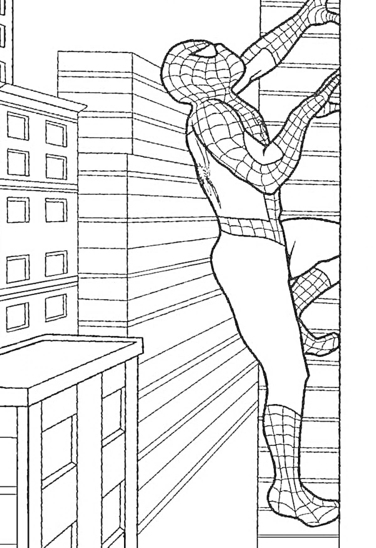 Раскраска Человек-паук, карабкающийся по стене рядом с окном на фоне высотных зданий