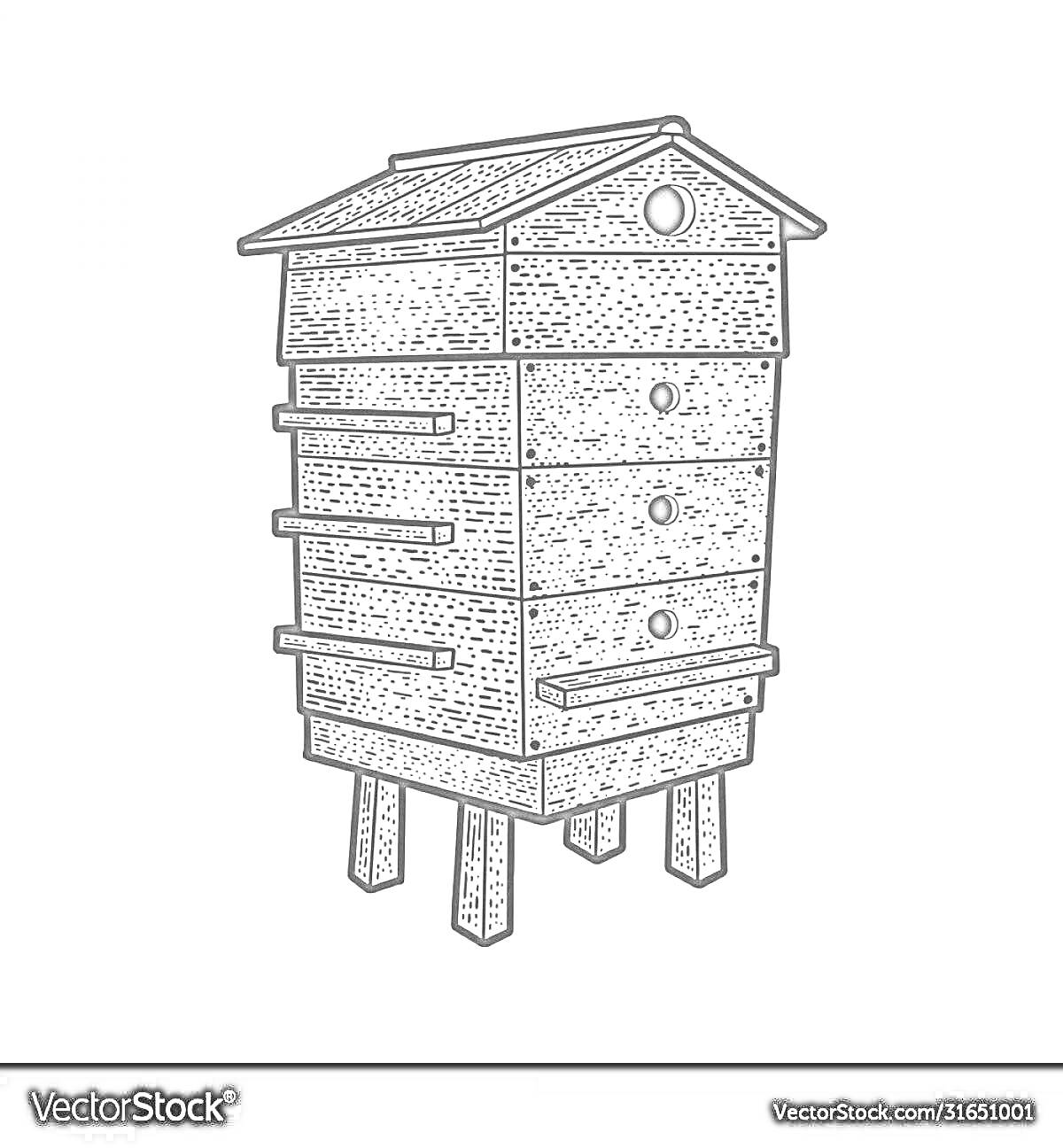 Улей, стоящий на четырех ножках, с тремя отверстиями на передней стороне, скатной крышей, дома, вертикальный