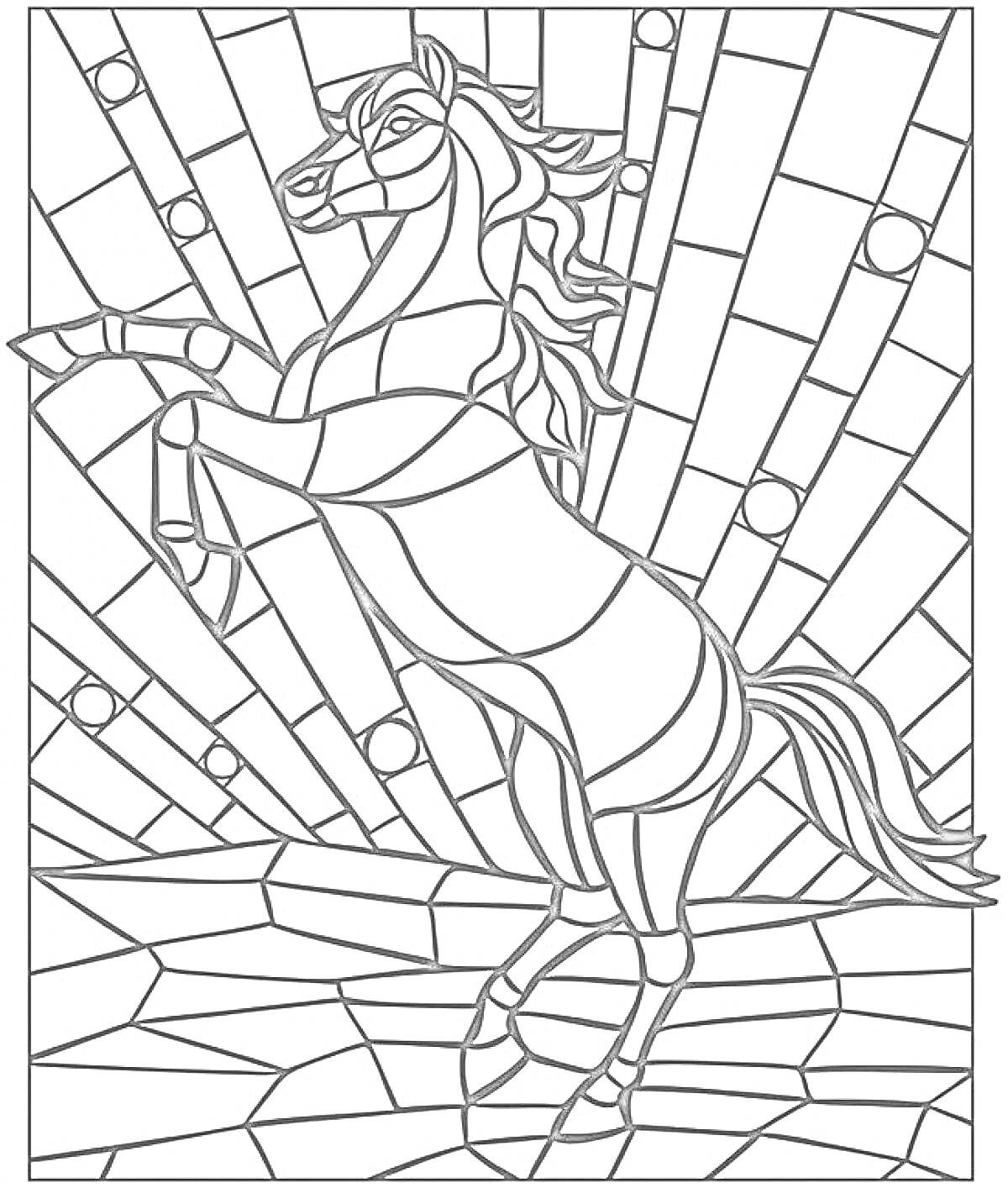 Раскраска Лошадь в мозаике на фоне лучей