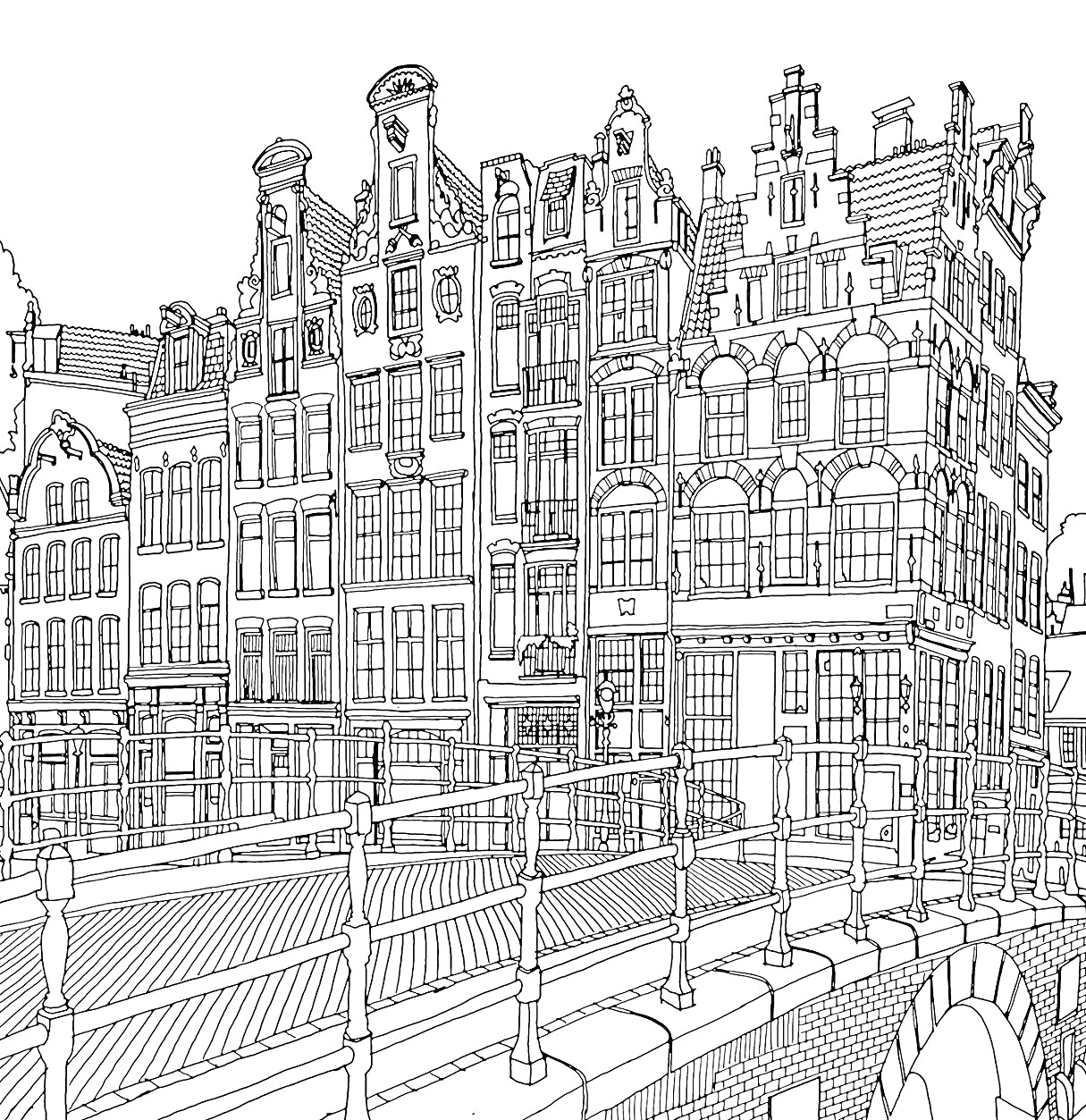 Раскраска Город с кирпичными зданиями и мостом через канал, многоэтажные дома с окнами и деталями фасадов в голландском стиле