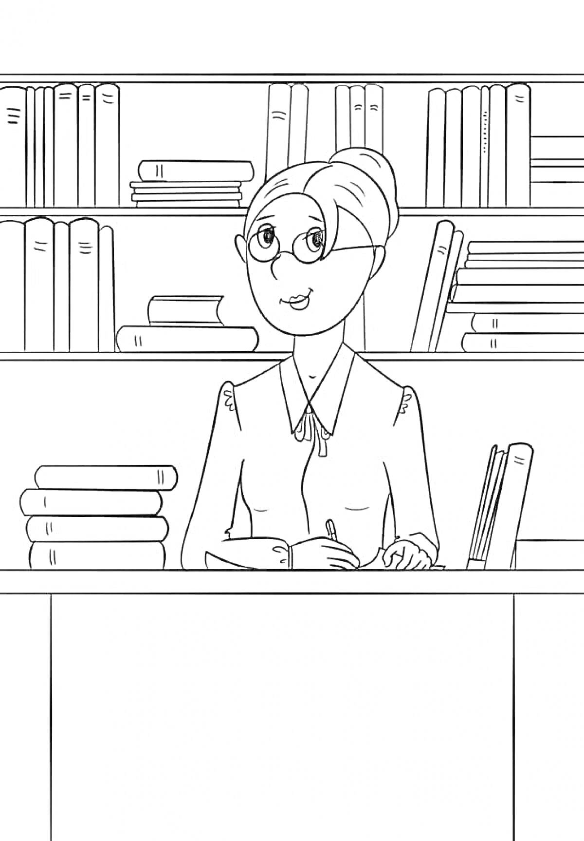 На раскраске изображено: Рабочий стол, Библиотека, Женщина, Очки, Книга