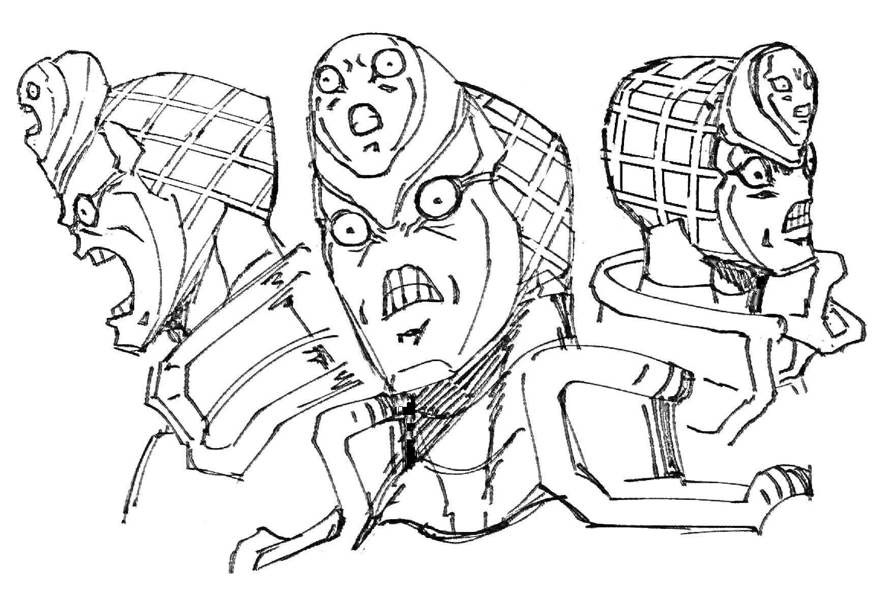 Раскраска Три выражения лица персонажа с уникальным шлемом, узором на шлеме и тремя различными гримасами