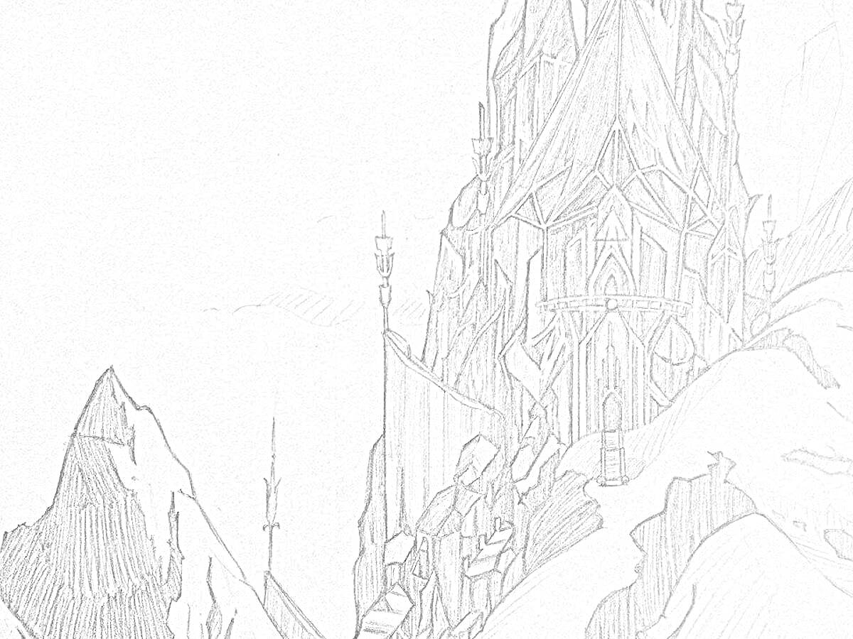 Замок Снежной Королевы на заснеженном утесе с горами