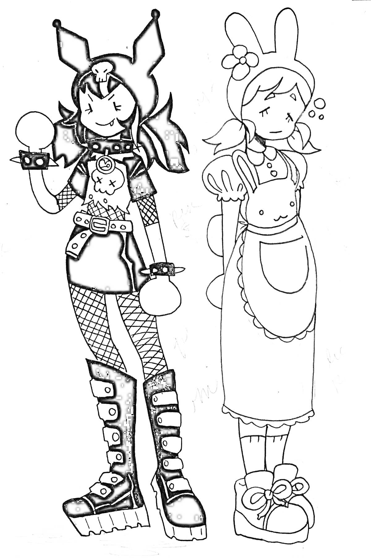  Девушки в костюмах: одна в готическом наряде с черепом и ушастой шапочкой, другая в фартуке и бантиками