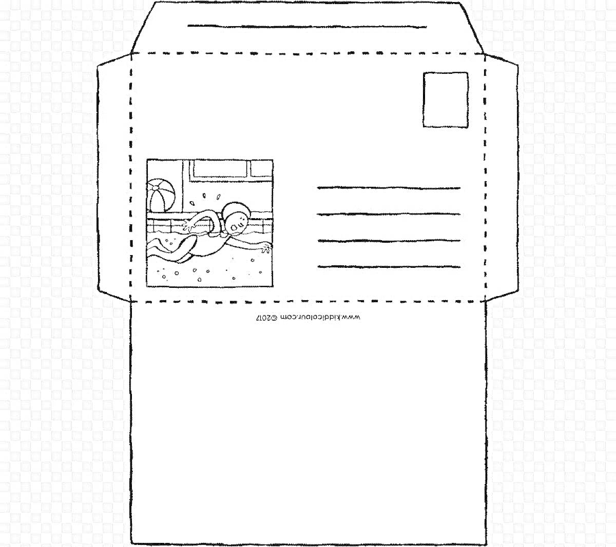Раскраска Конверт для раскрашивания с изображением собак, плавающих в бассейне, и полем для адреса