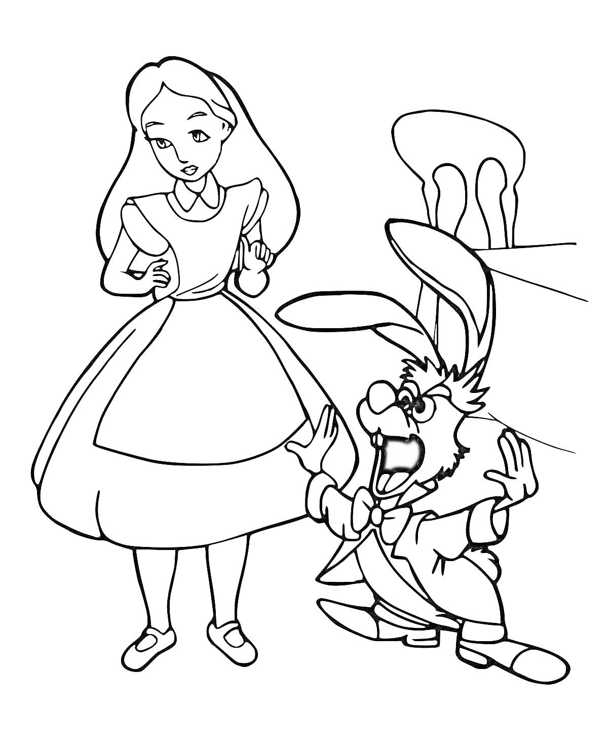 На раскраске изображено: Алиса в стране чудес, Кролик, Стол, Книга