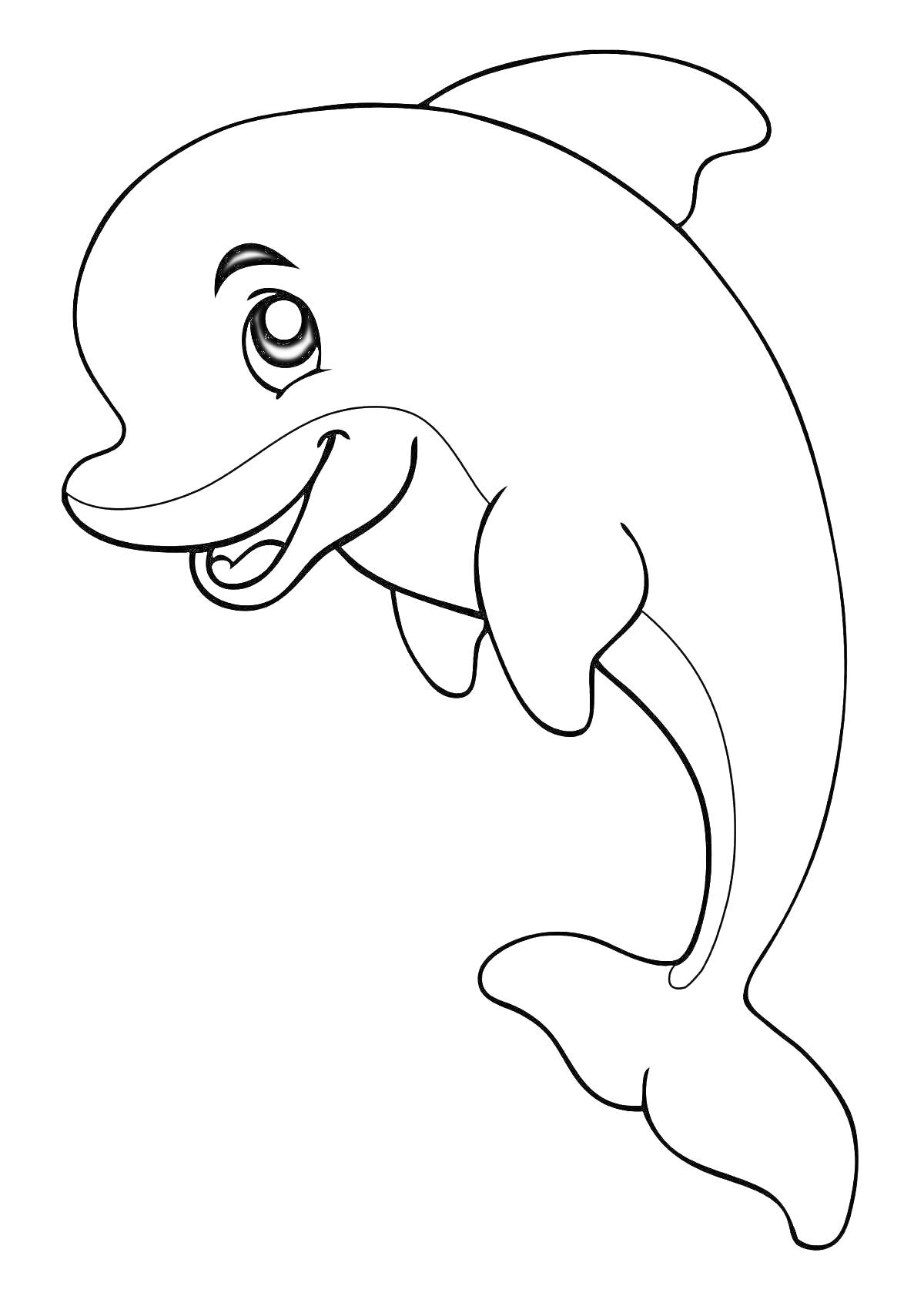Раскраска Дельфин, улыбающийся и плывущий в воде, с большим глазом и плавниками