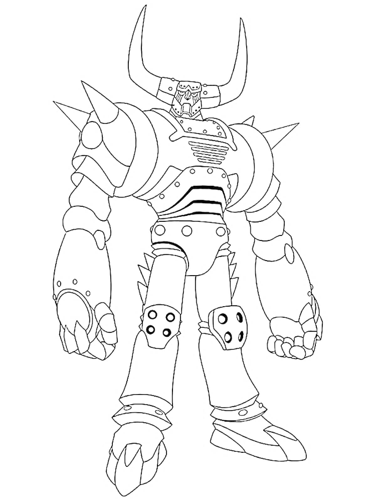 Раскраска Бакуган - робот с шипами и длинными рогами, в доспехах, с когтями на руках и ногах