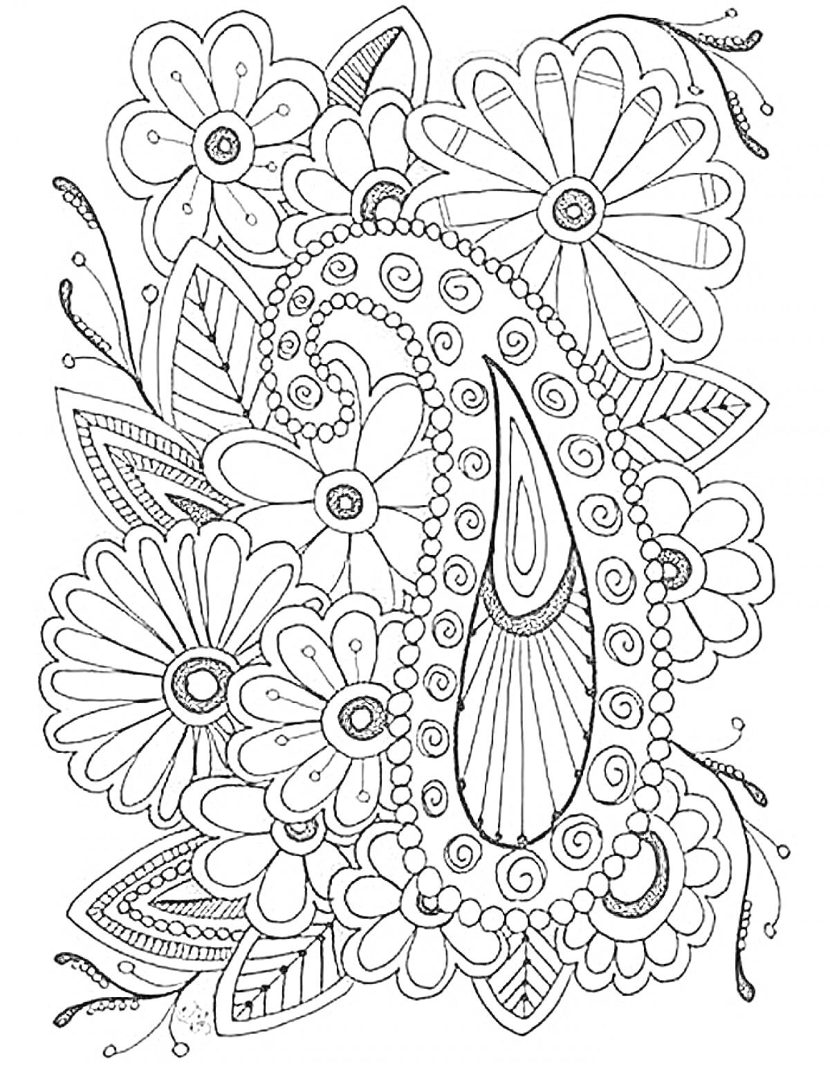 Раскраска Узоры с цветами и элементами огурца (пейсли)