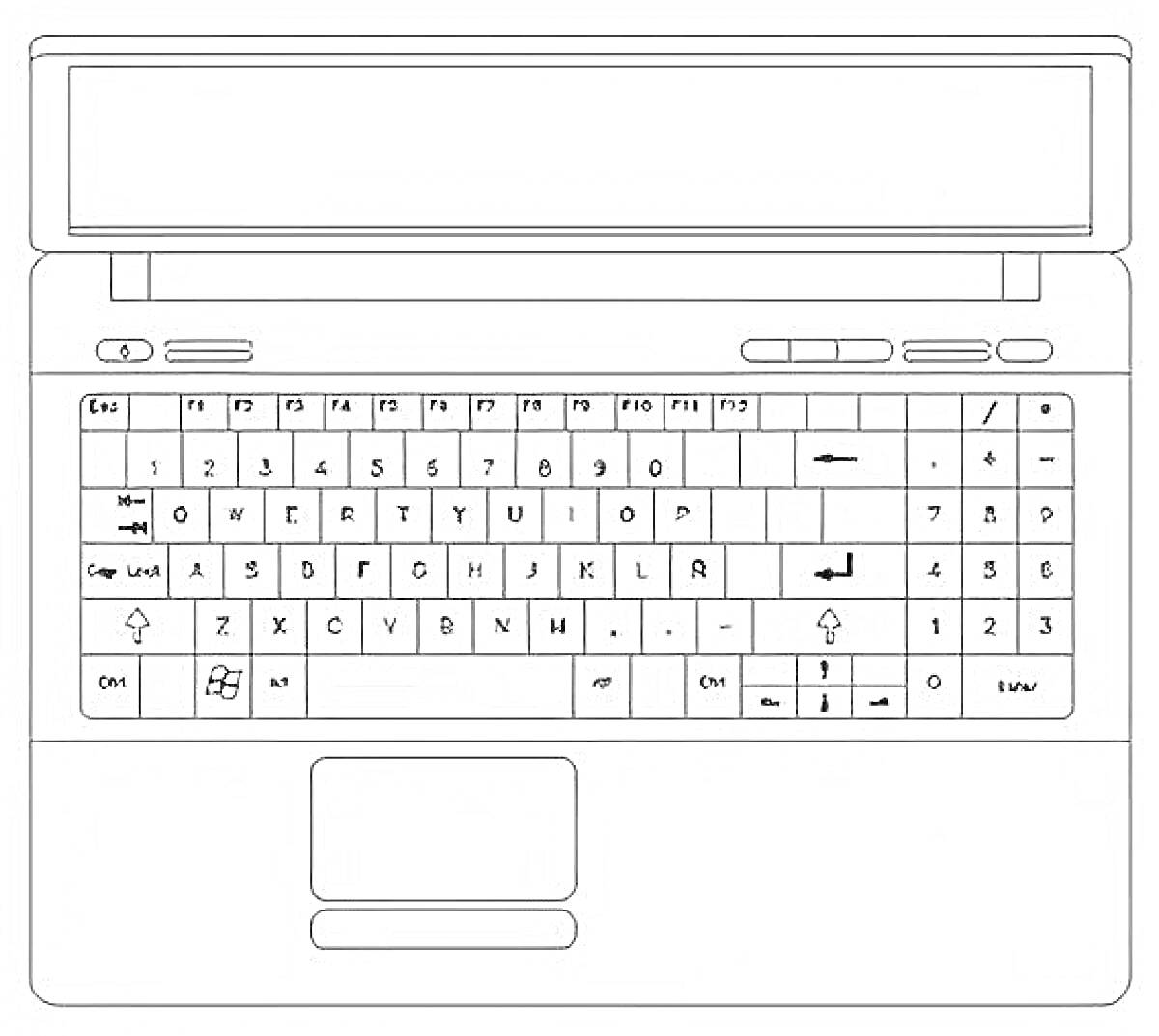 На раскраске изображено: Ноутбук, Клавиатура, Кнопки, Тачпад, Экран