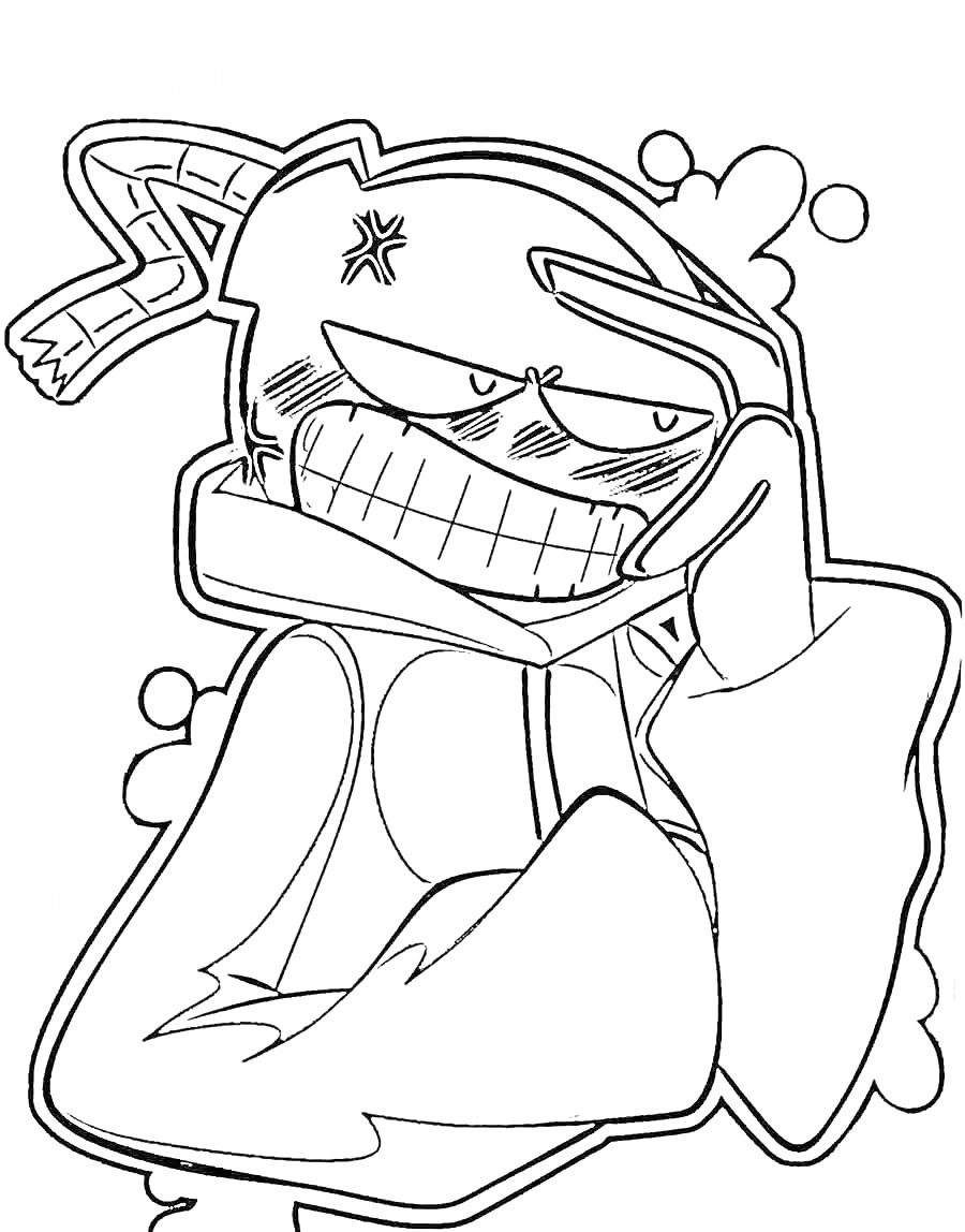 Персонаж в костюме с вытянутой рукой, выражение лица оскаленное с закрытыми глазами, элементы одежды с швами