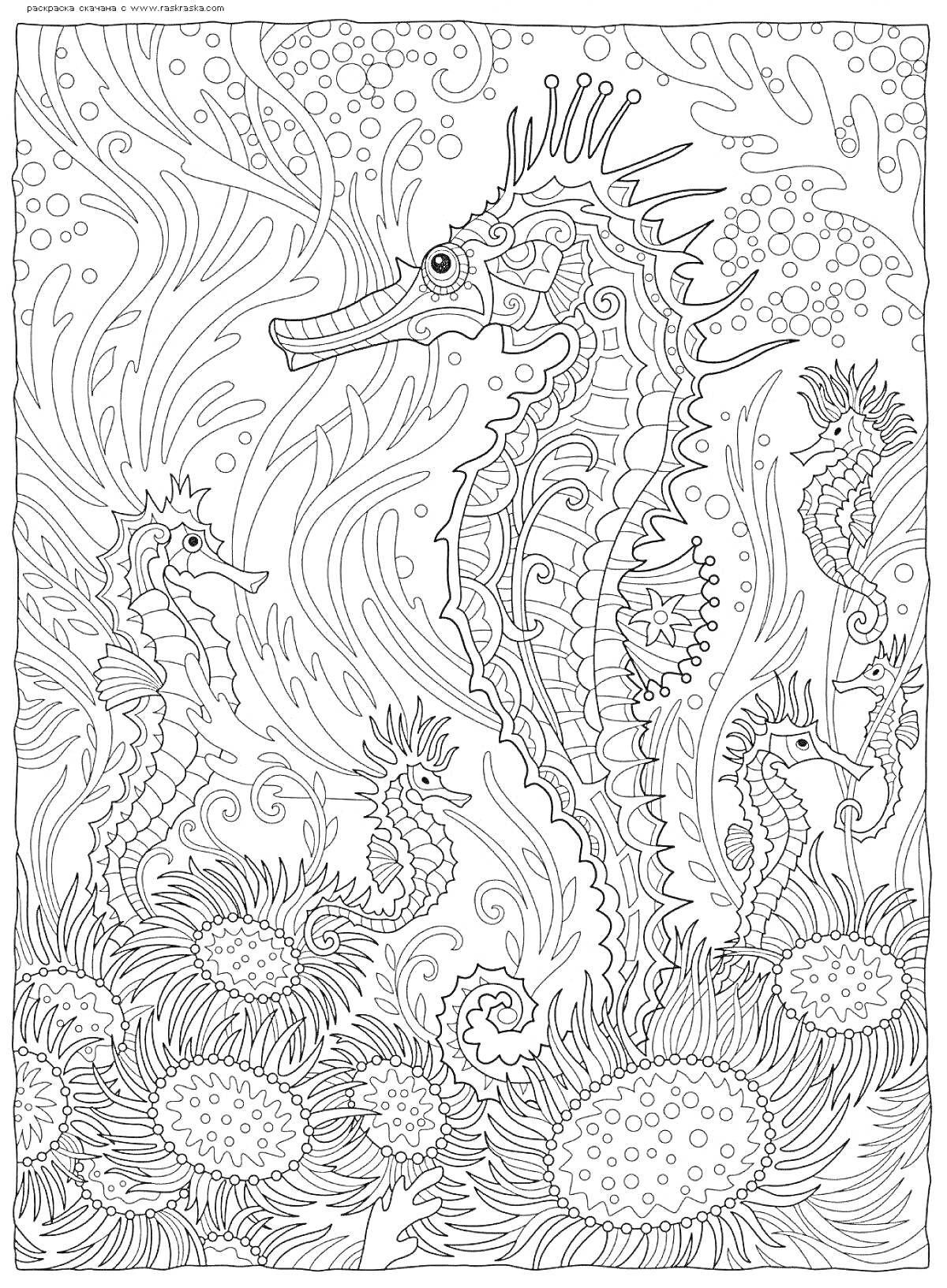 На раскраске изображено: Антистресс, Морские коньки, Подводные растения, Кораллы, Подводный мир
