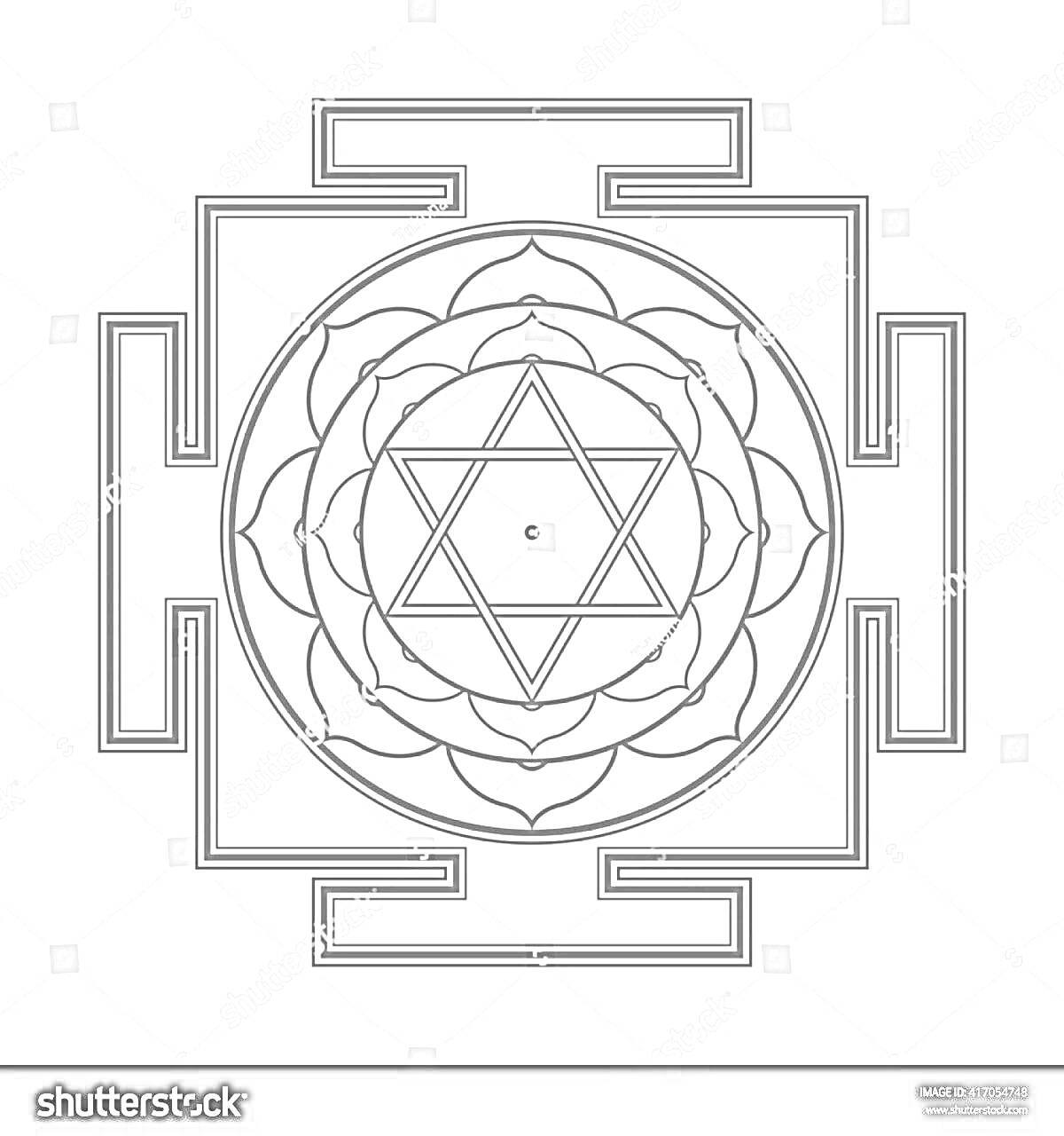 Янтра с шестиугольной звездой в центре, окружённой десятилистным лотосом, заключённая в круг и квадратные рамки с визуальными лабиринтами по сторонам