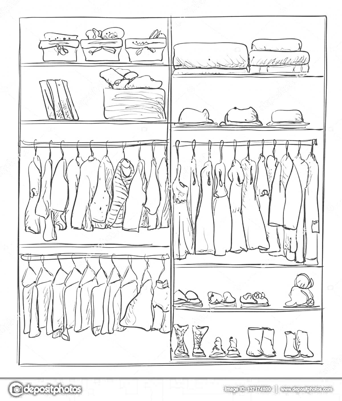 На раскраске изображено: Гардероб, Одежда, Полки, Обувь, Рубашки, Свитера, Ботинки, Туфли