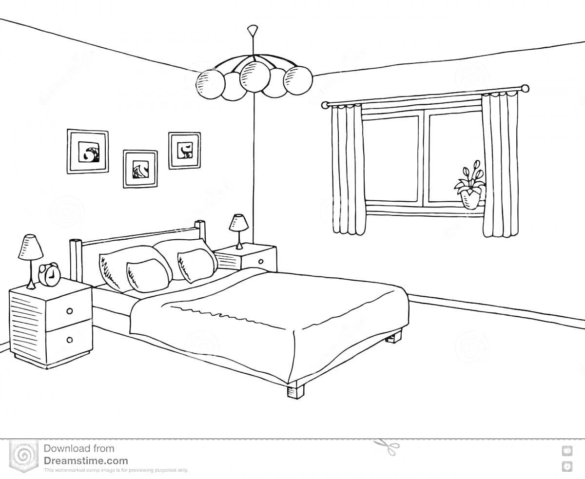 На раскраске изображено: Спальня, Будильник, Занавески, Подоконник, Люстра