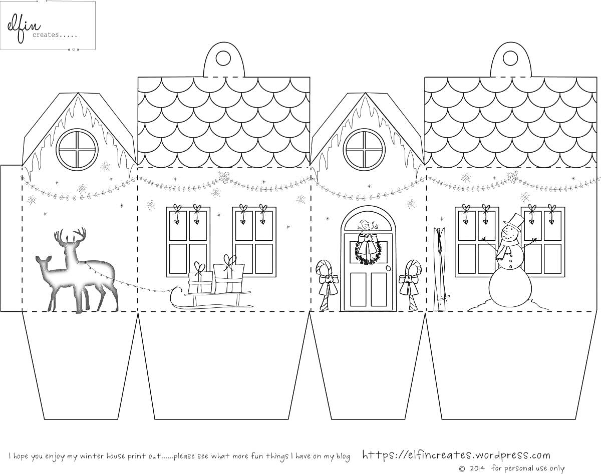 На раскраске изображено: Домик, Олень, Дверь, Венок, Человек, Крыша, Окна, Праздничный декор