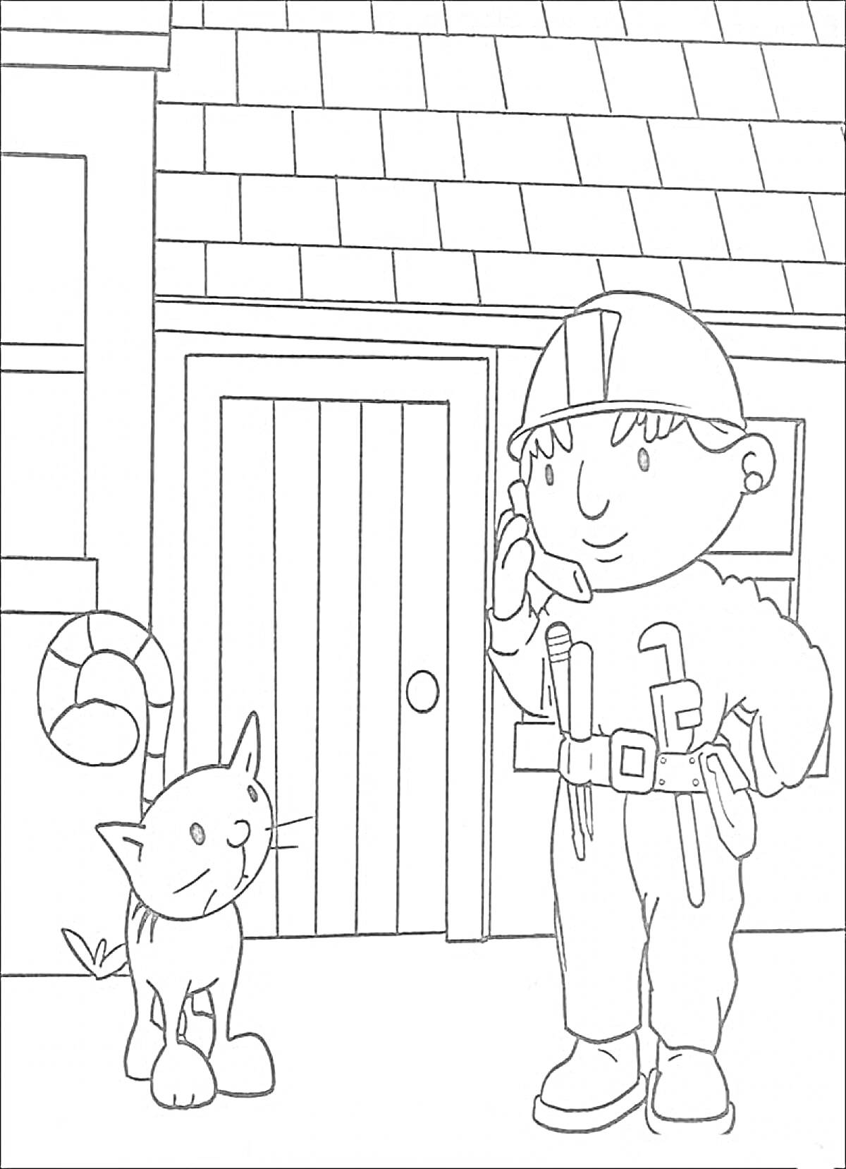 Раскраска Боб Строитель разговаривает по телефону рядом с домом и котом