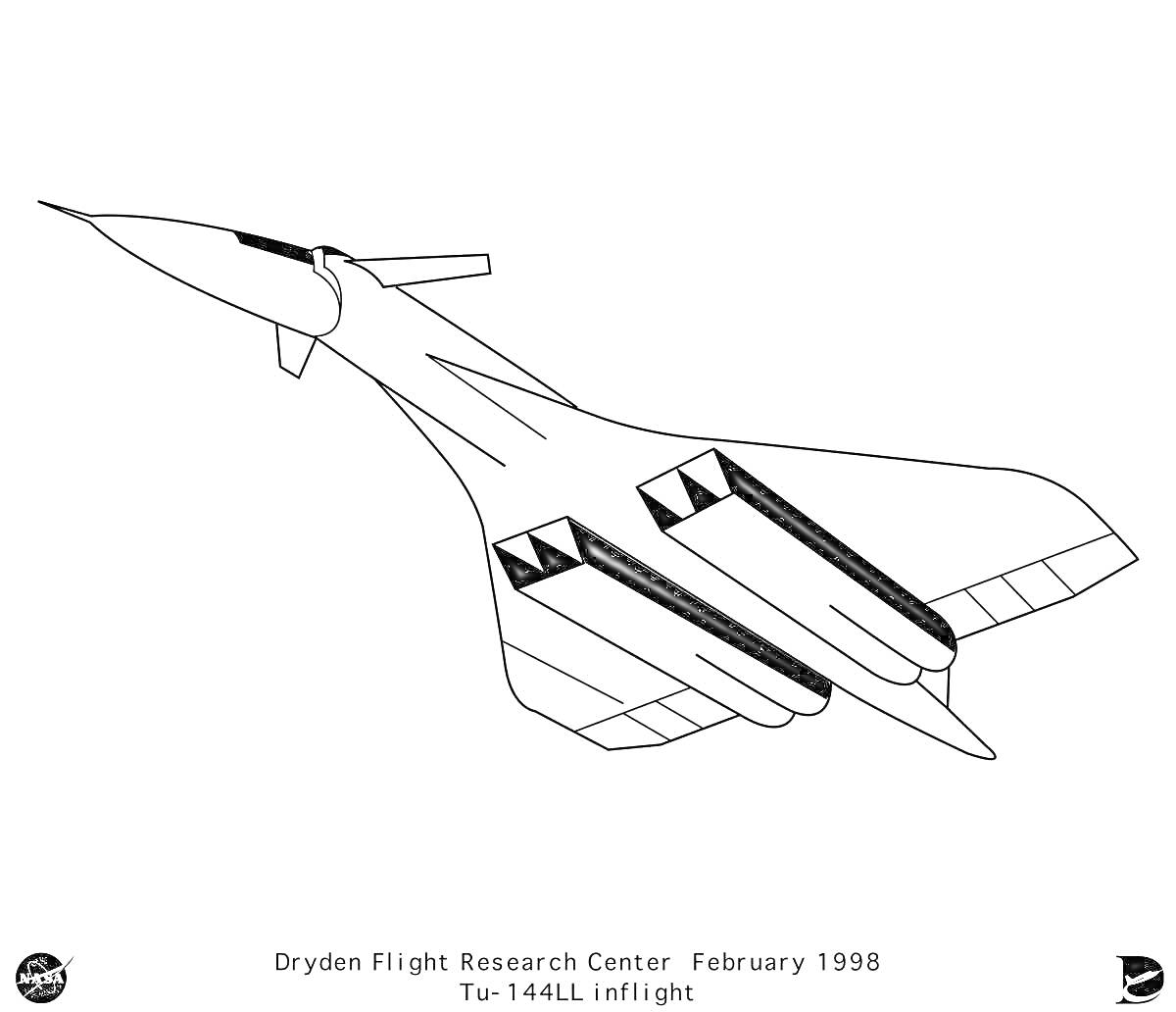 Раскраска Летящий Ту-144 с символами Dryden Flight Research Center и датой (февраль 1998) внизу изображения