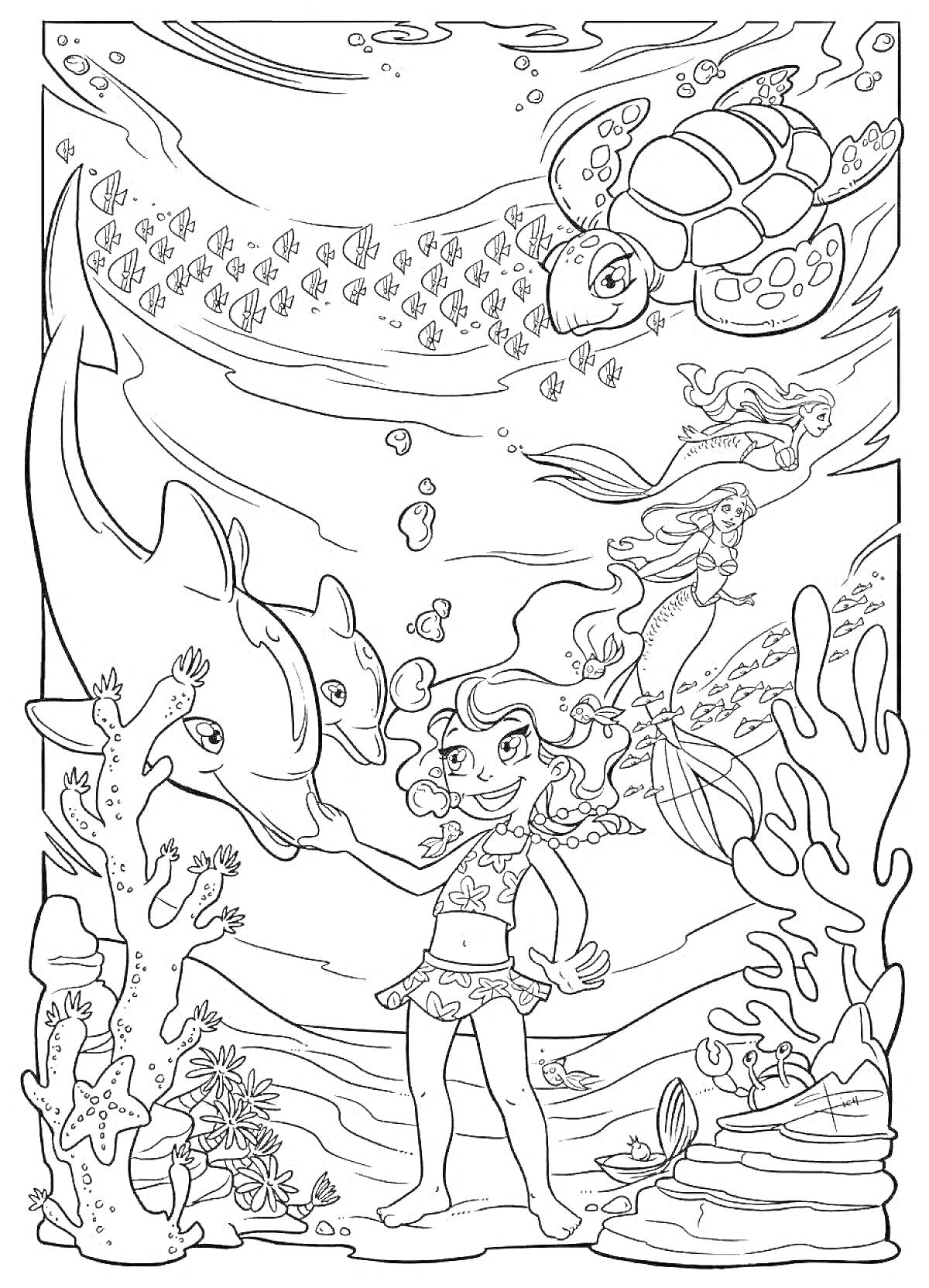 На раскраске изображено: Подводный мир, Евсейка, Дельфины, Черепаха, Кораллы, Море