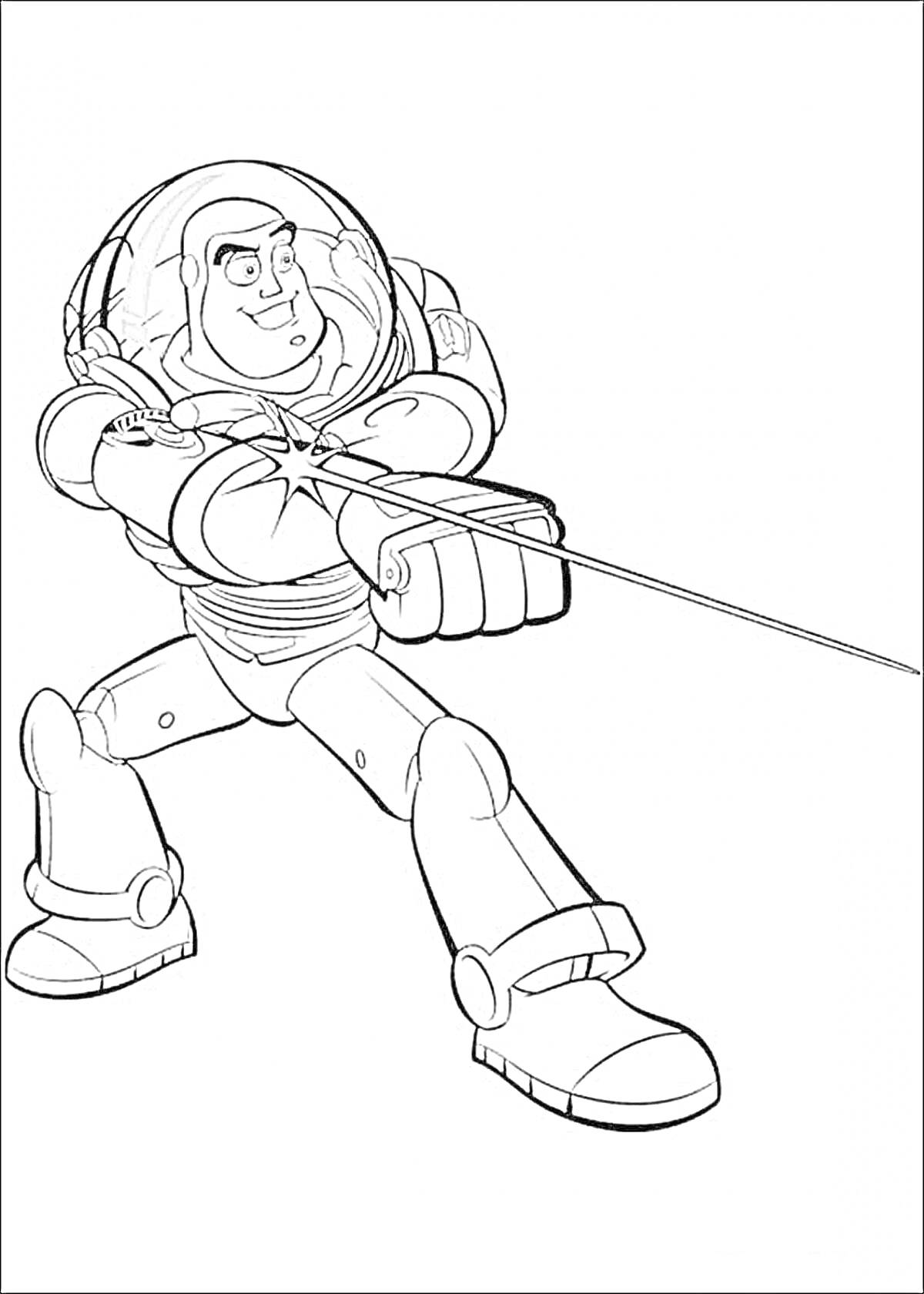 Раскраска Космический рейнджер в боевой стойке (раскраска персонажа в скафандре с вытянутой рукой и нитью)