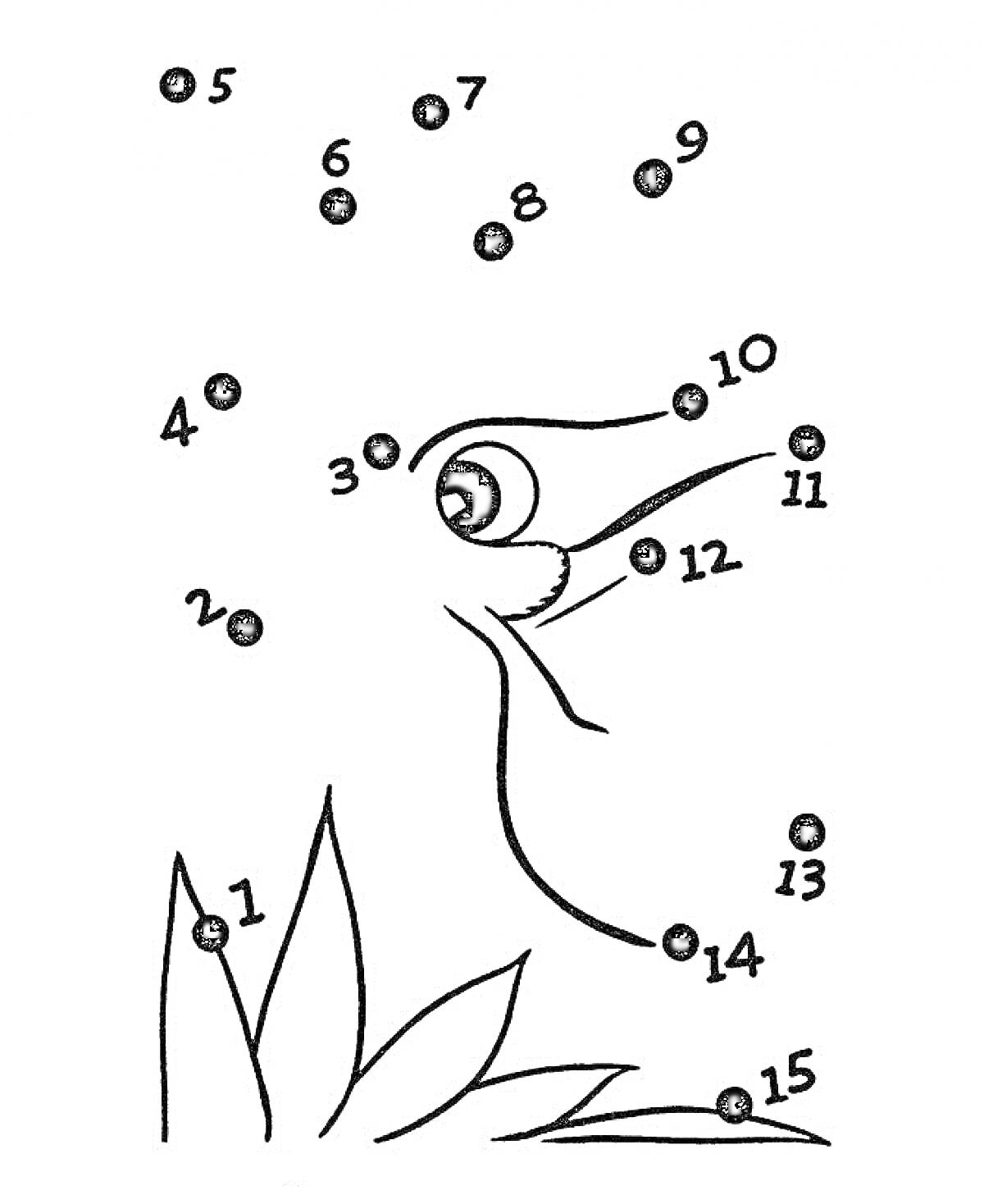 Раскраска Соедини точки по цифрам — птица с клювом на фоне растения