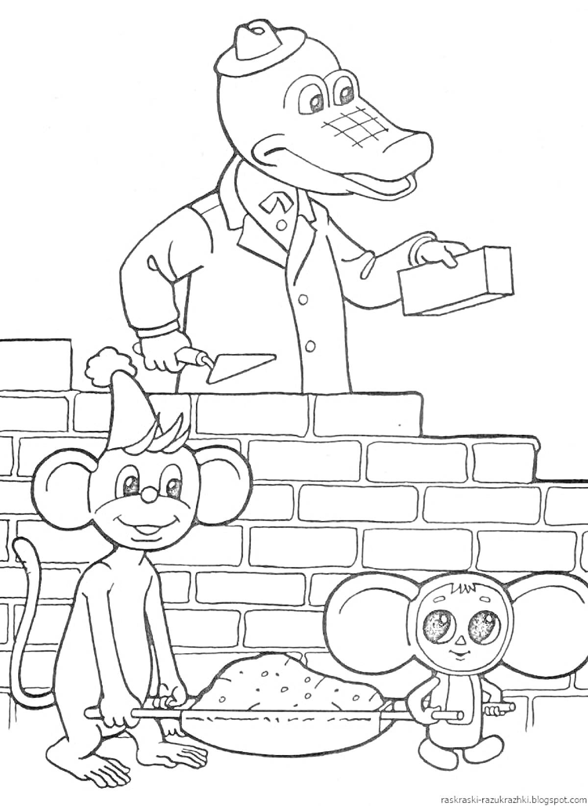 Раскраска Крокодил Гена, Чебурашка и обезьянка строят стену из кирпичей