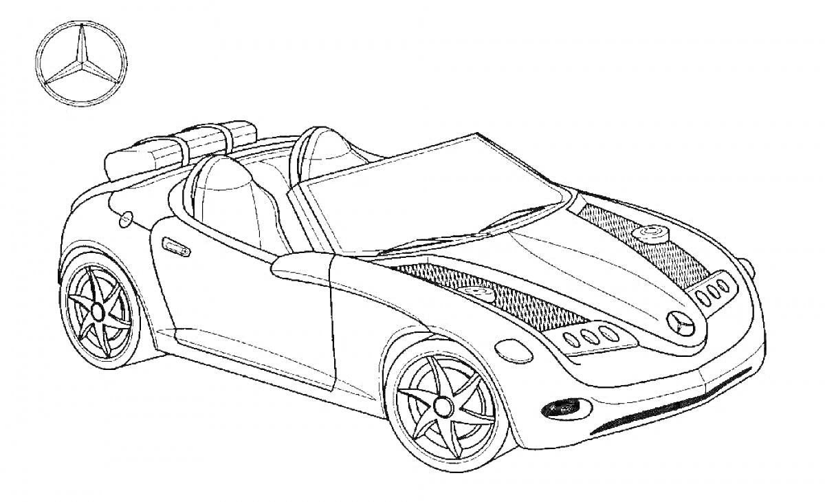 На раскраске изображено: Mercedes-Benz, Кабриолет, Багаж, Крыша, Два сиденья, Спортивная машина