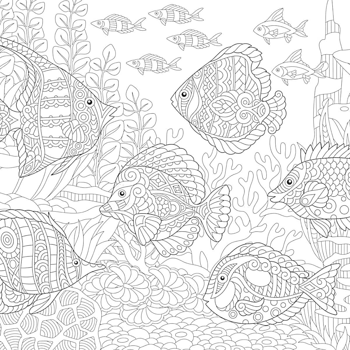 РаскраскаПодводный мир антистресс с рыбами, водорослями, кораллами и подводным замком