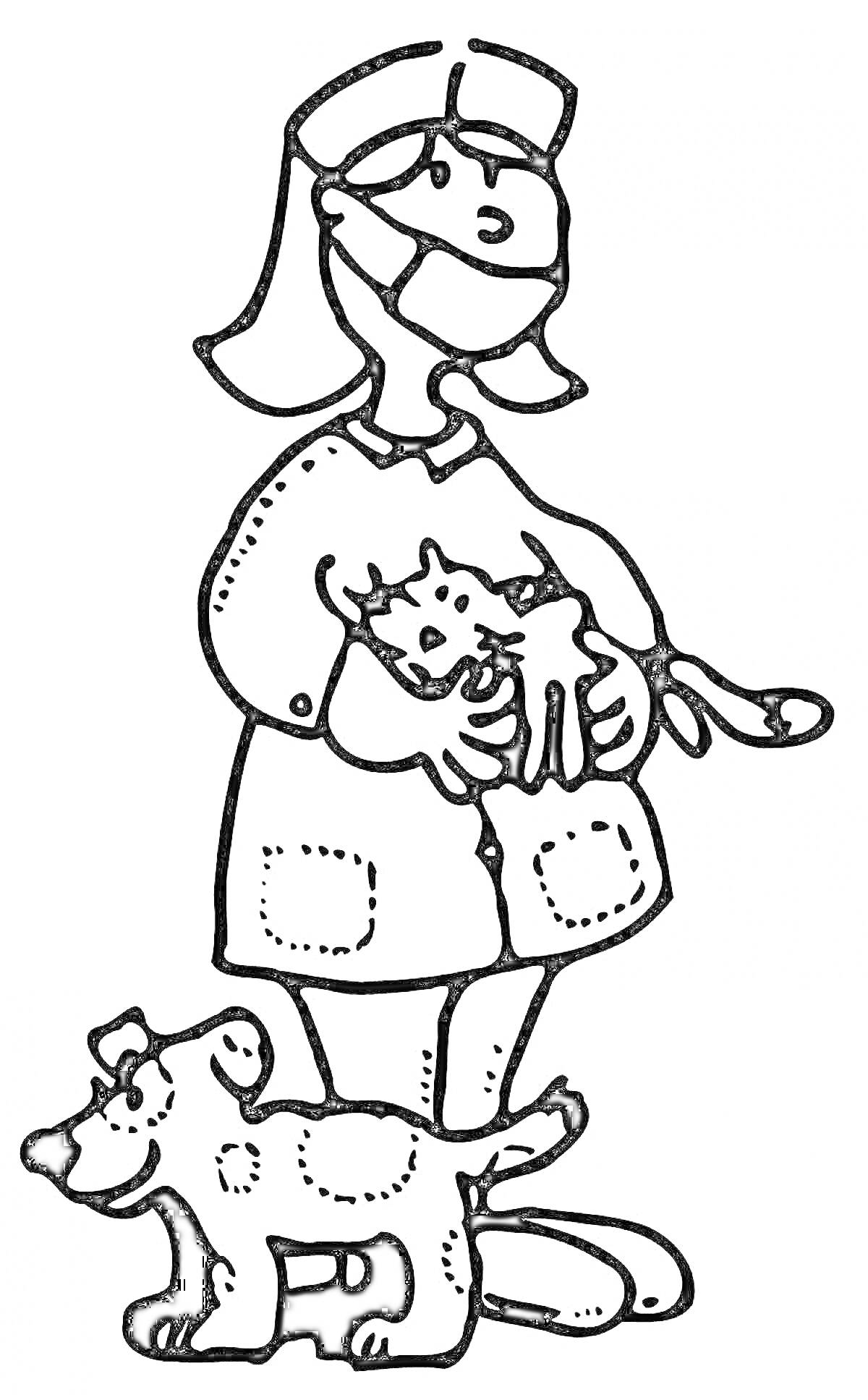 Раскраска Ветеринар с кошкой на руках и собакой у ног