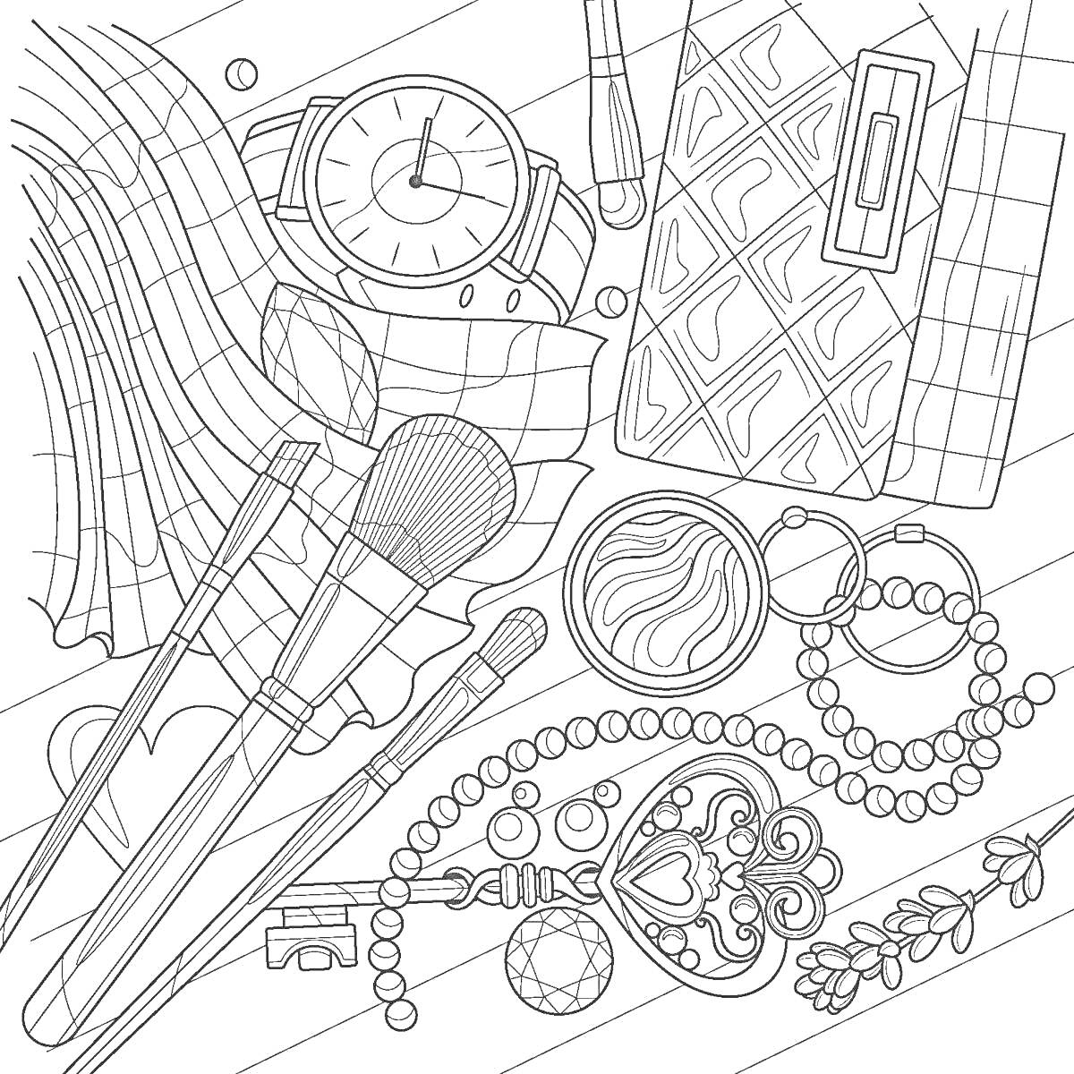 На раскраске изображено: Антистресс, Маркеры, Часы, Помада, Палетка, Кисти для макияжа, Коробочка, Медальон, Косметика