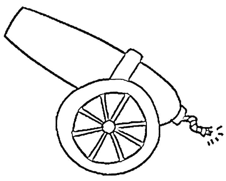 На раскраске изображено: Пушка, Колёса, Фитиль, Выстрел
