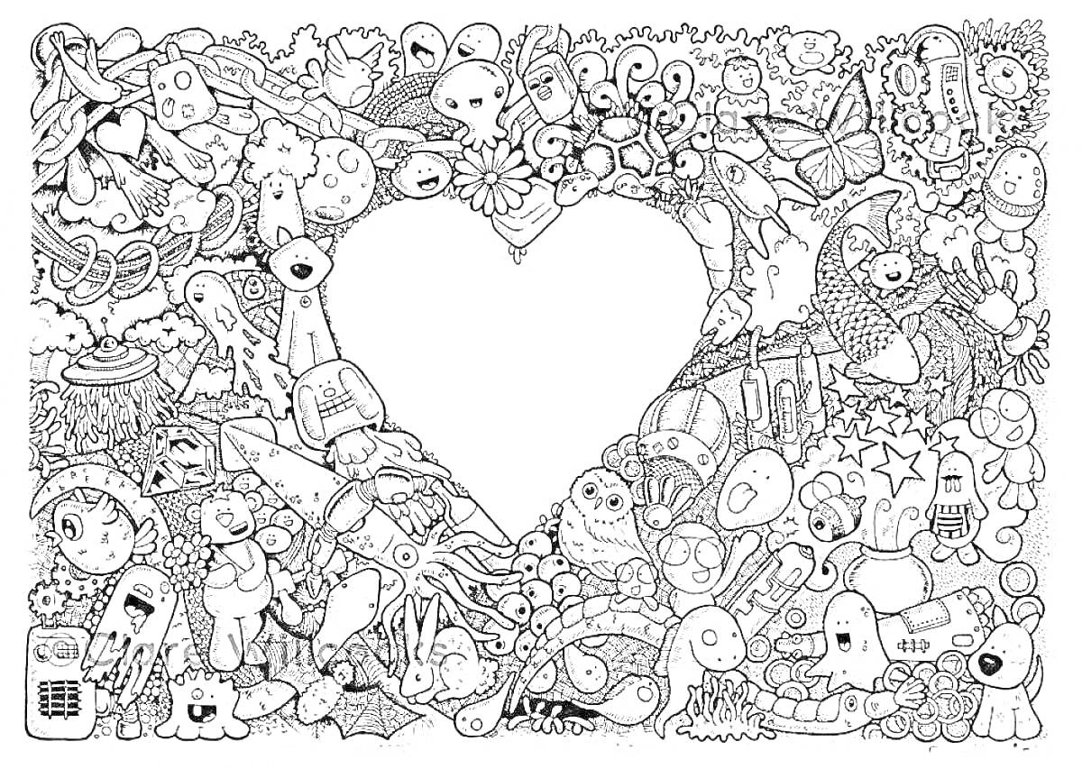Раскраска Дудл-антистресс с сердцем, включающий цветы, бабочку, свечи, смайлики, странные существа и различные мелкие объекты